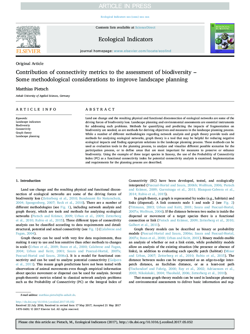 Contribution of connectivity metrics to the assessment of biodiversity - Some methodological considerations to improve landscape planning