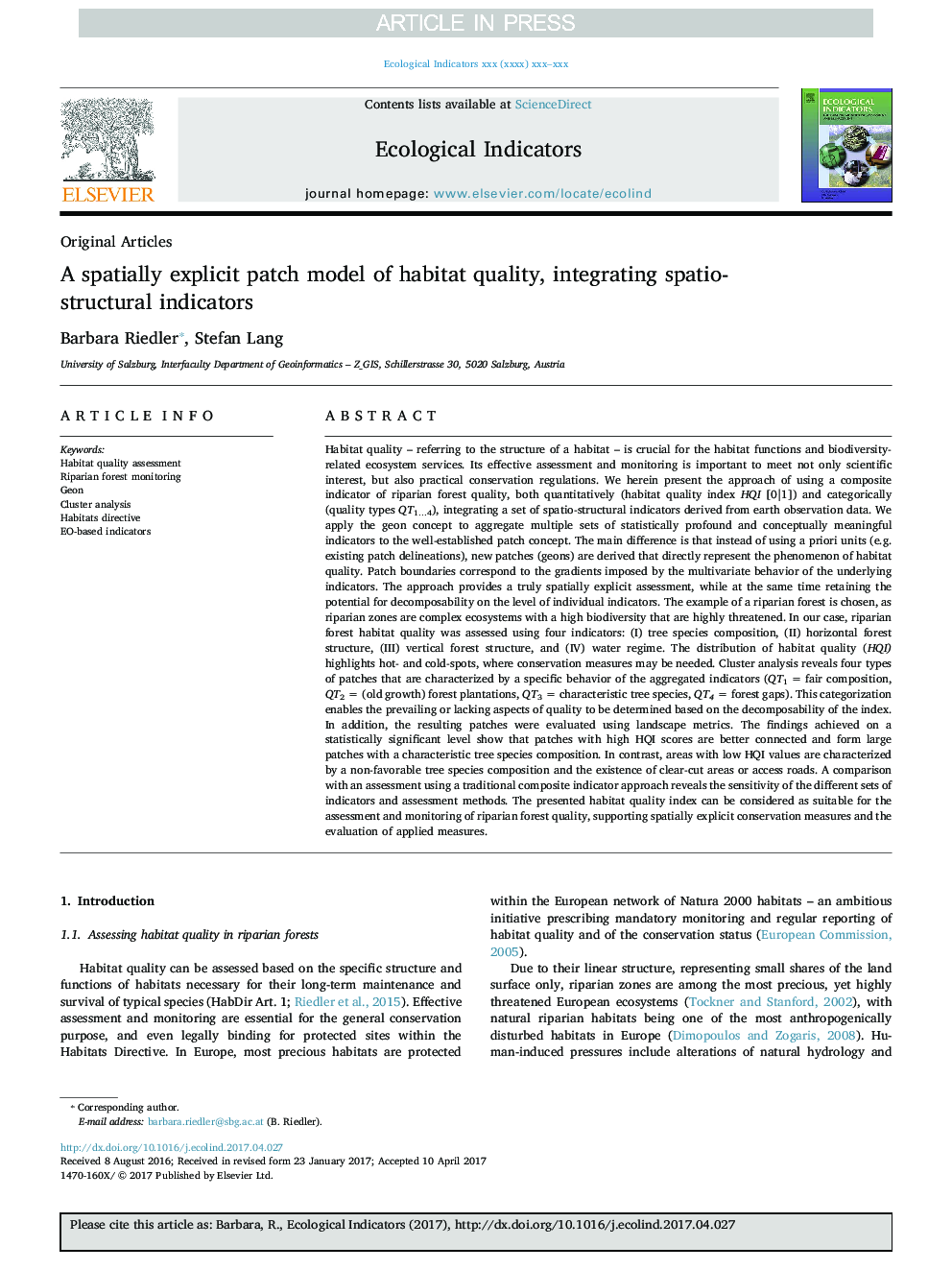 A spatially explicit patch model of habitat quality, integrating spatio-structural indicators