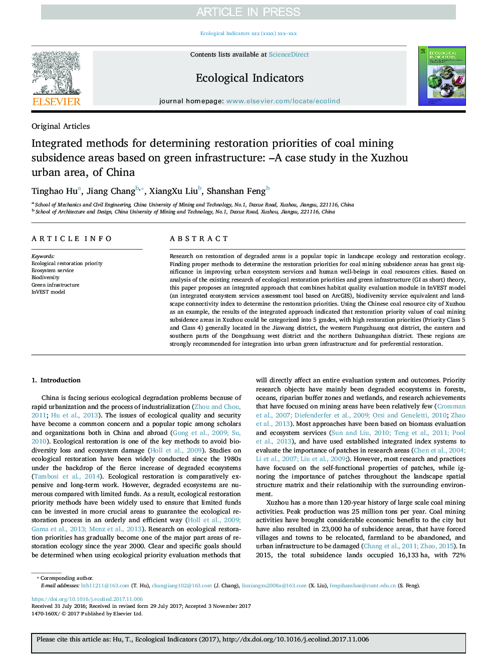 Integrated methods for determining restoration priorities of coal mining subsidence areas based on green infrastructure: -A case study in the Xuzhou urban area, of China