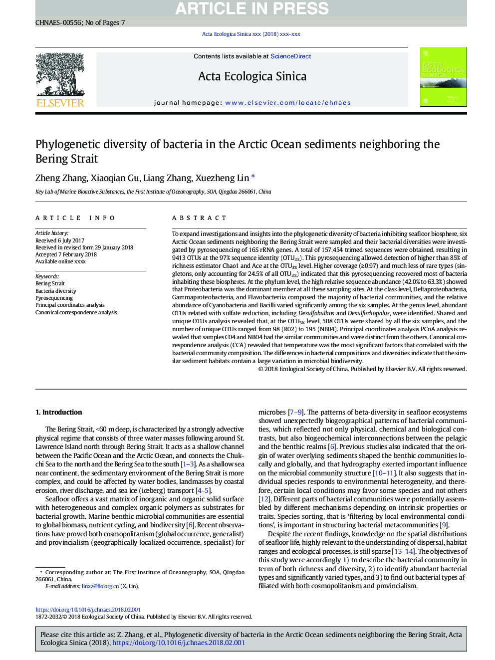 Phylogenetic diversity of bacteria in the Arctic Ocean sediments neighboring the Bering Strait