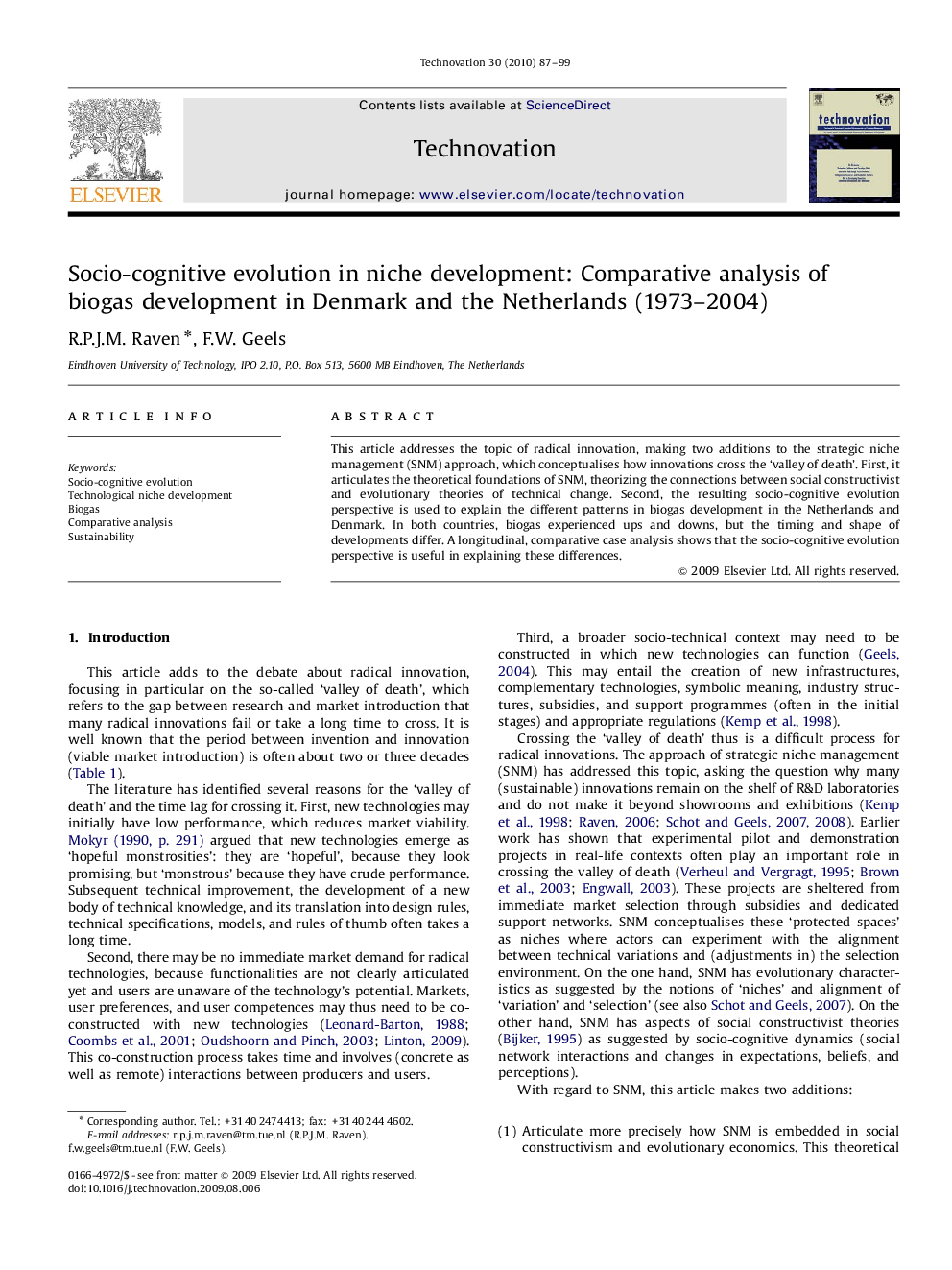 Socio-cognitive evolution in niche development: Comparative analysis of biogas development in Denmark and the Netherlands (1973–2004)