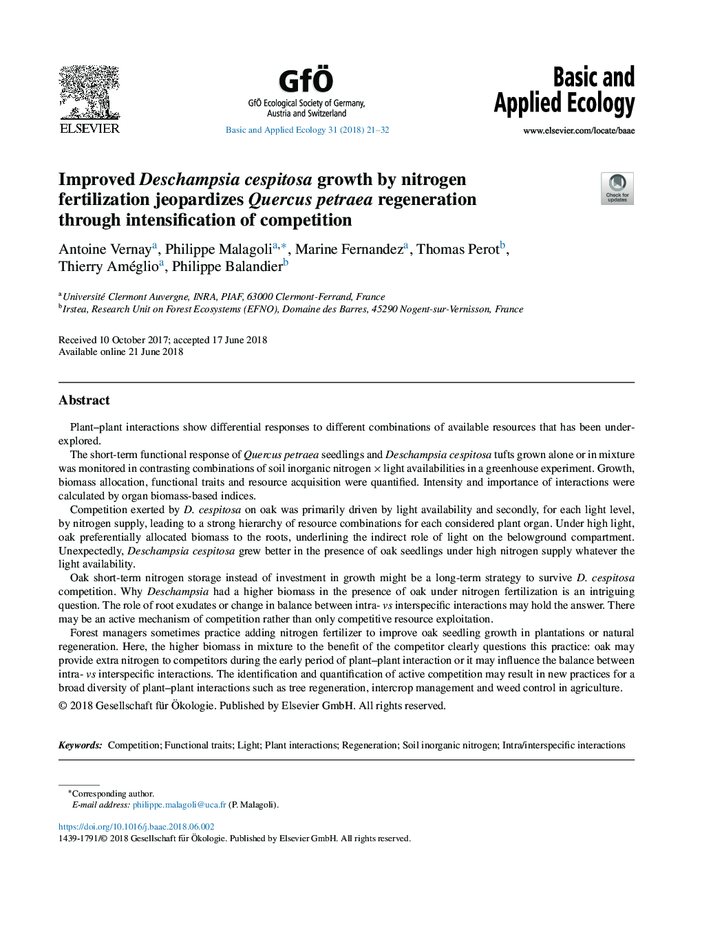 Improved Deschampsia cespitosa growth by nitrogen fertilization jeopardizes Quercus petraea regeneration through intensification of competition