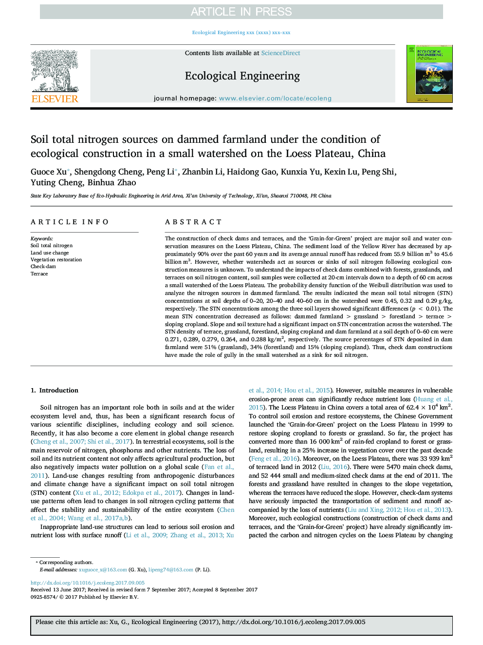 Soil total nitrogen sources on dammed farmland under the condition of ecological construction in a small watershed on the Loess Plateau, China