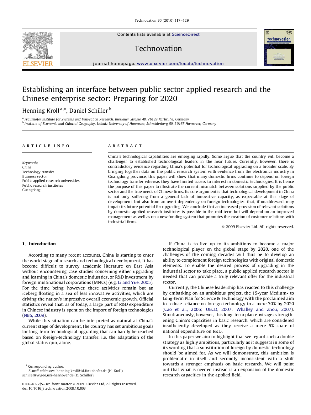 Establishing an interface between public sector applied research and the Chinese enterprise sector: Preparing for 2020