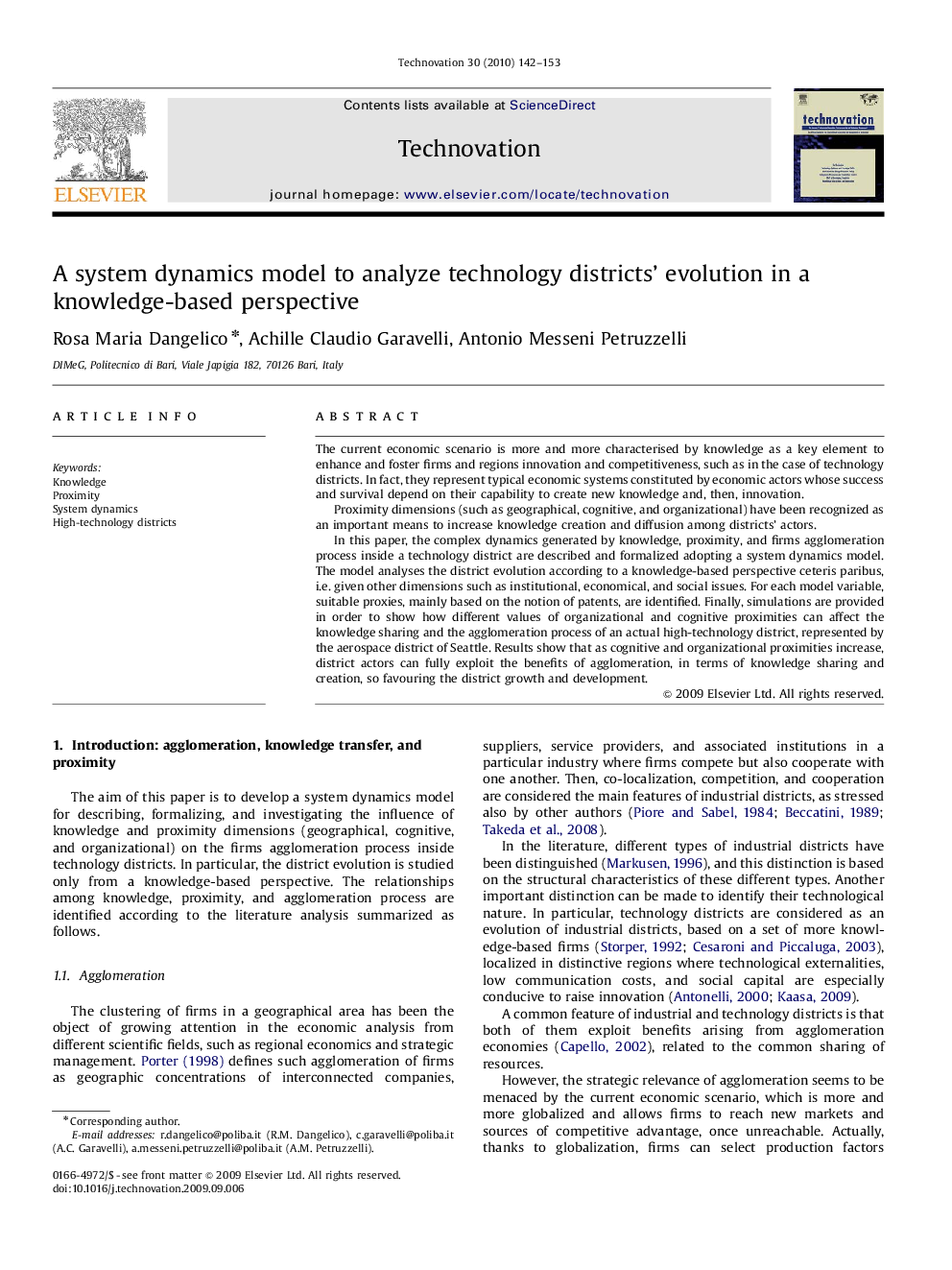 A system dynamics model to analyze technology districts’ evolution in a knowledge-based perspective