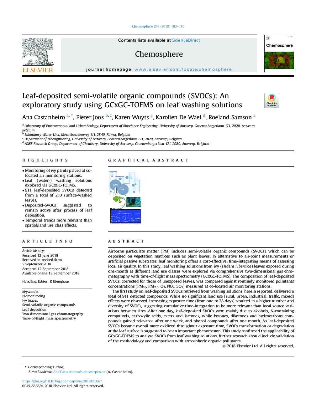 Leaf-deposited semi-volatile organic compounds (SVOCs): An exploratory study using GCxGC-TOFMS on leaf washing solutions