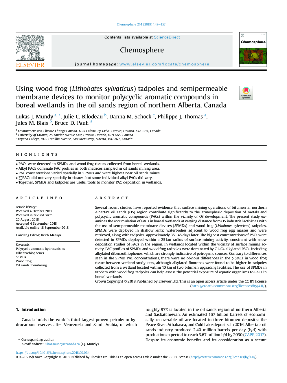 Using wood frog (Lithobates sylvaticus) tadpoles and semipermeable membrane devices to monitor polycyclic aromatic compounds in boreal wetlands in the oil sands region of northern Alberta, Canada