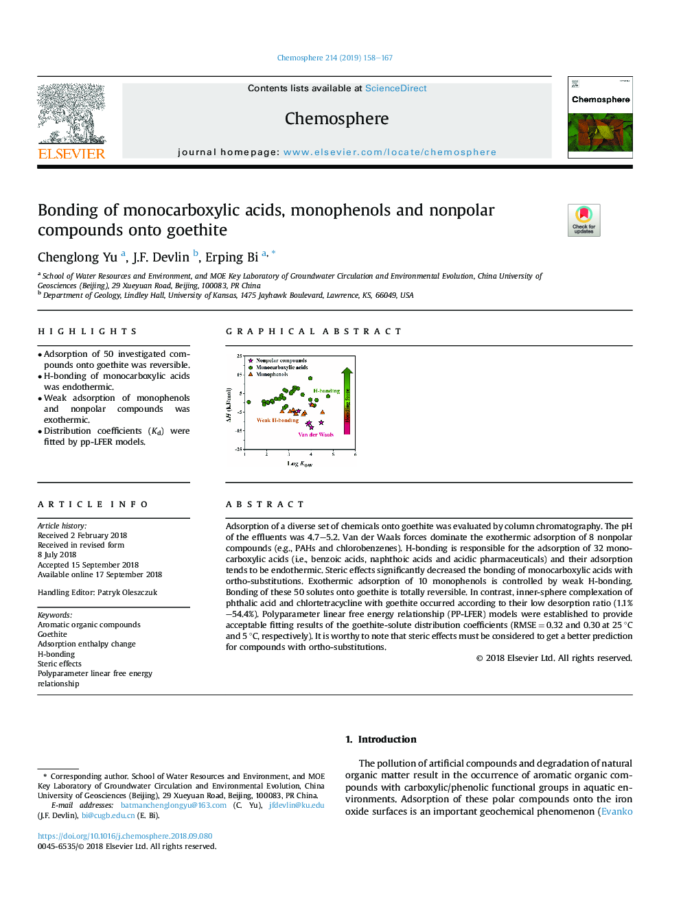 Bonding of monocarboxylic acids, monophenols and nonpolar compounds onto goethite