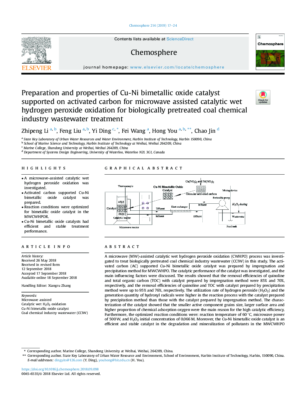 Preparation and properties of Cu-Ni bimetallic oxide catalyst supported on activated carbon for microwave assisted catalytic wet hydrogen peroxide oxidation for biologically pretreated coal chemical industry wastewater treatment