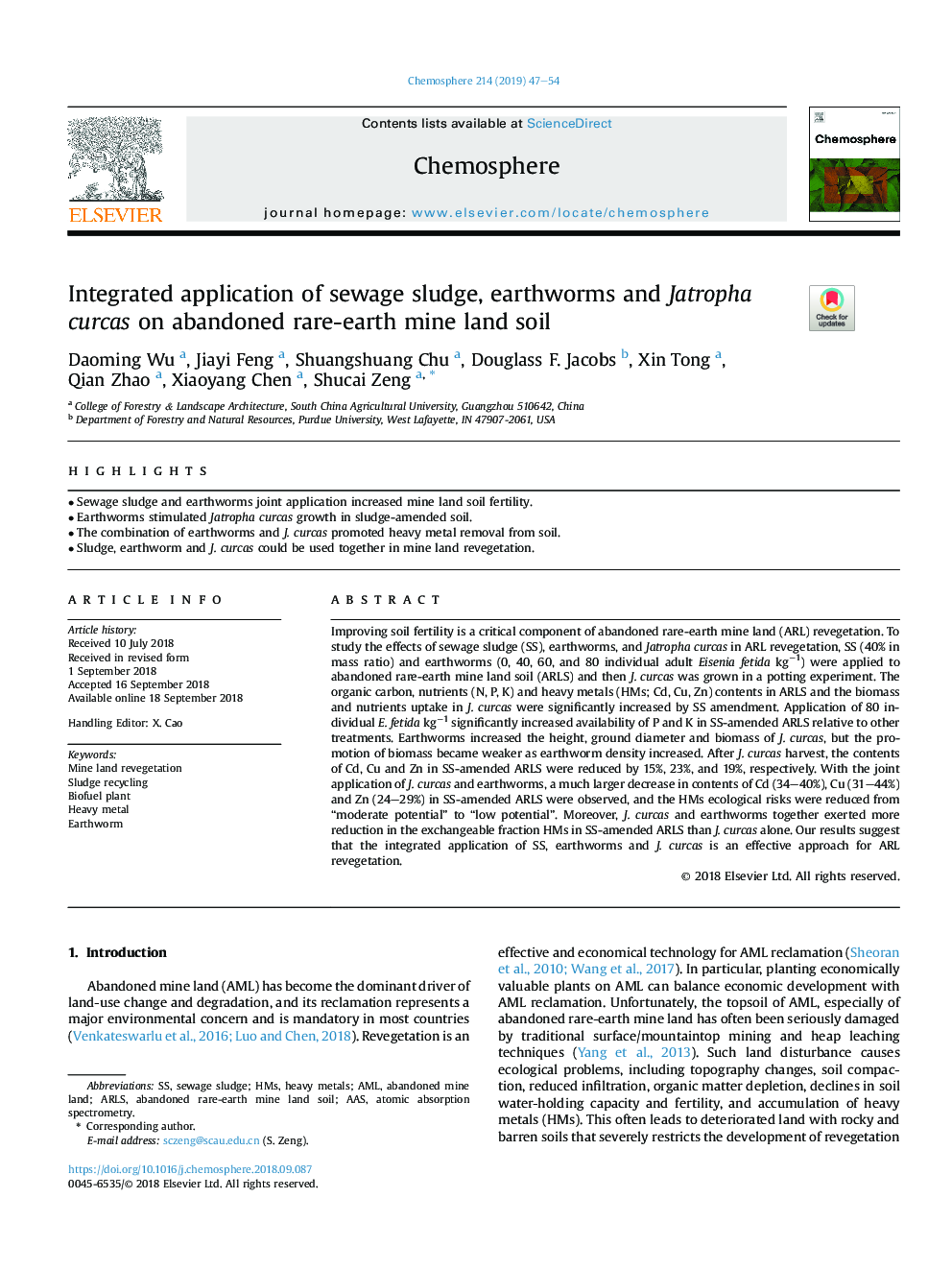 Integrated application of sewage sludge, earthworms and Jatropha curcas on abandoned rare-earth mine land soil