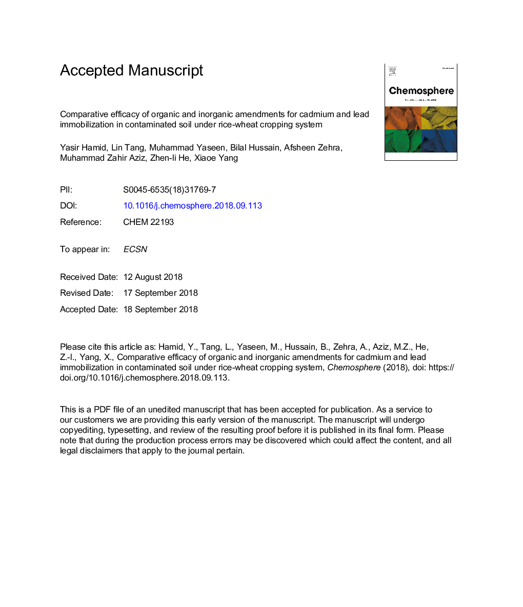 Comparative efficacy of organic and inorganic amendments for cadmium and lead immobilization in contaminated soil under rice-wheat cropping system