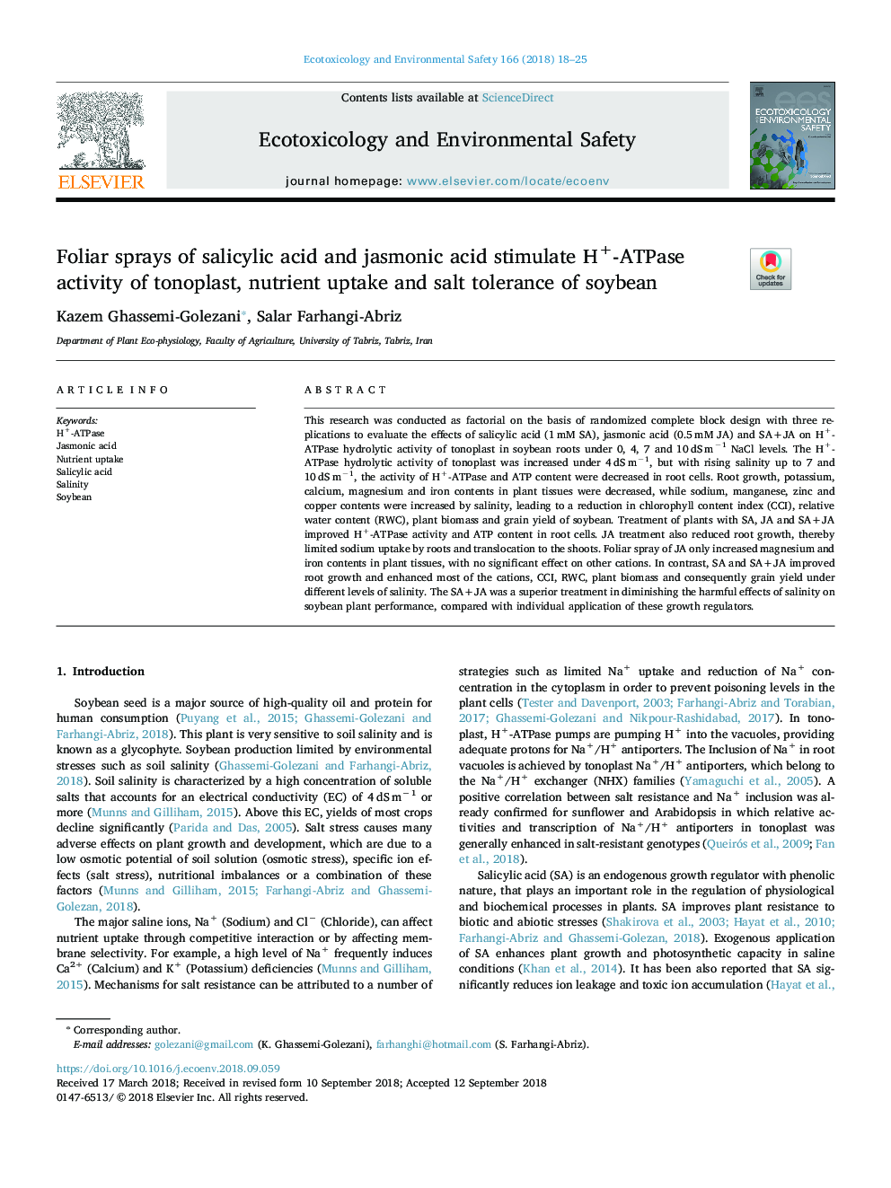 Foliar sprays of salicylic acid and jasmonic acid stimulate H+-ATPase activity of tonoplast, nutrient uptake and salt tolerance of soybean