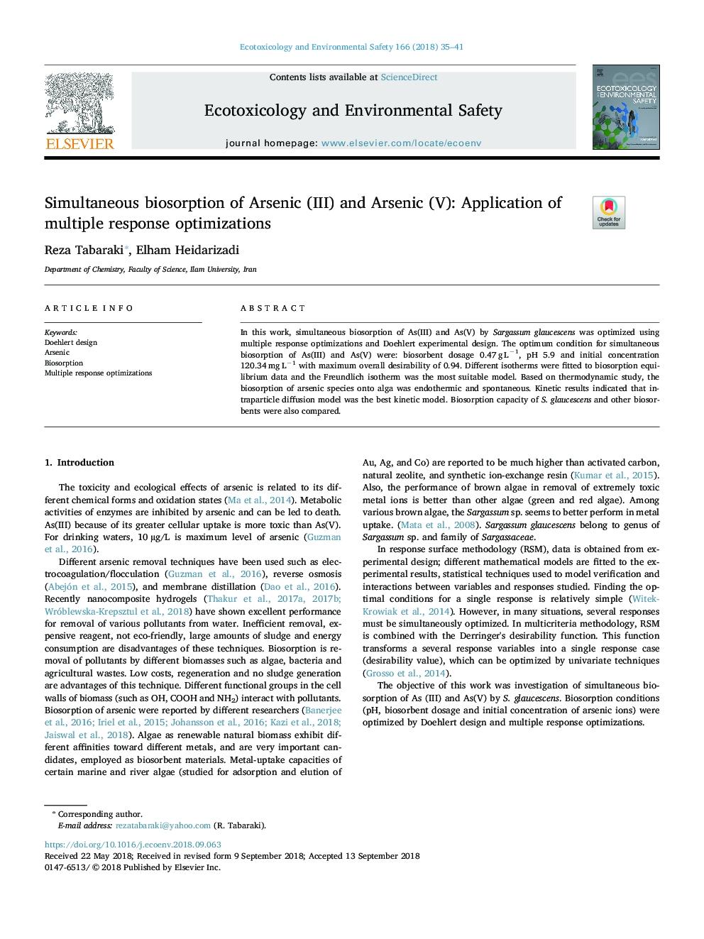 Simultaneous biosorption of Arsenic (III) and Arsenic (V): Application of multiple response optimizations