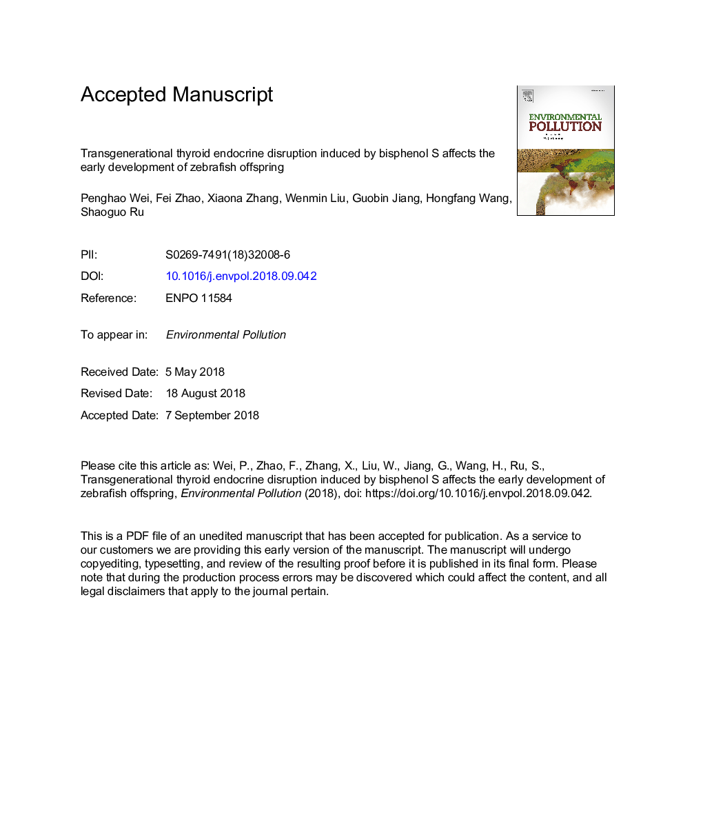 Transgenerational thyroid endocrine disruption induced by bisphenol S affects the early development of zebrafish offspring