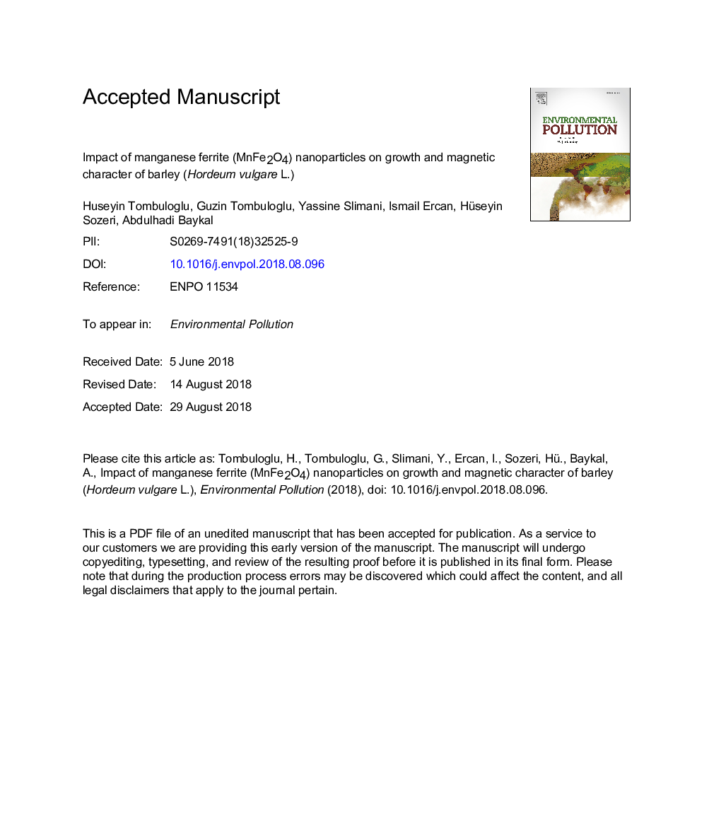 Impact of manganese ferrite (MnFe2O4) nanoparticles on growth and magnetic character of barley (Hordeum vulgare L.)