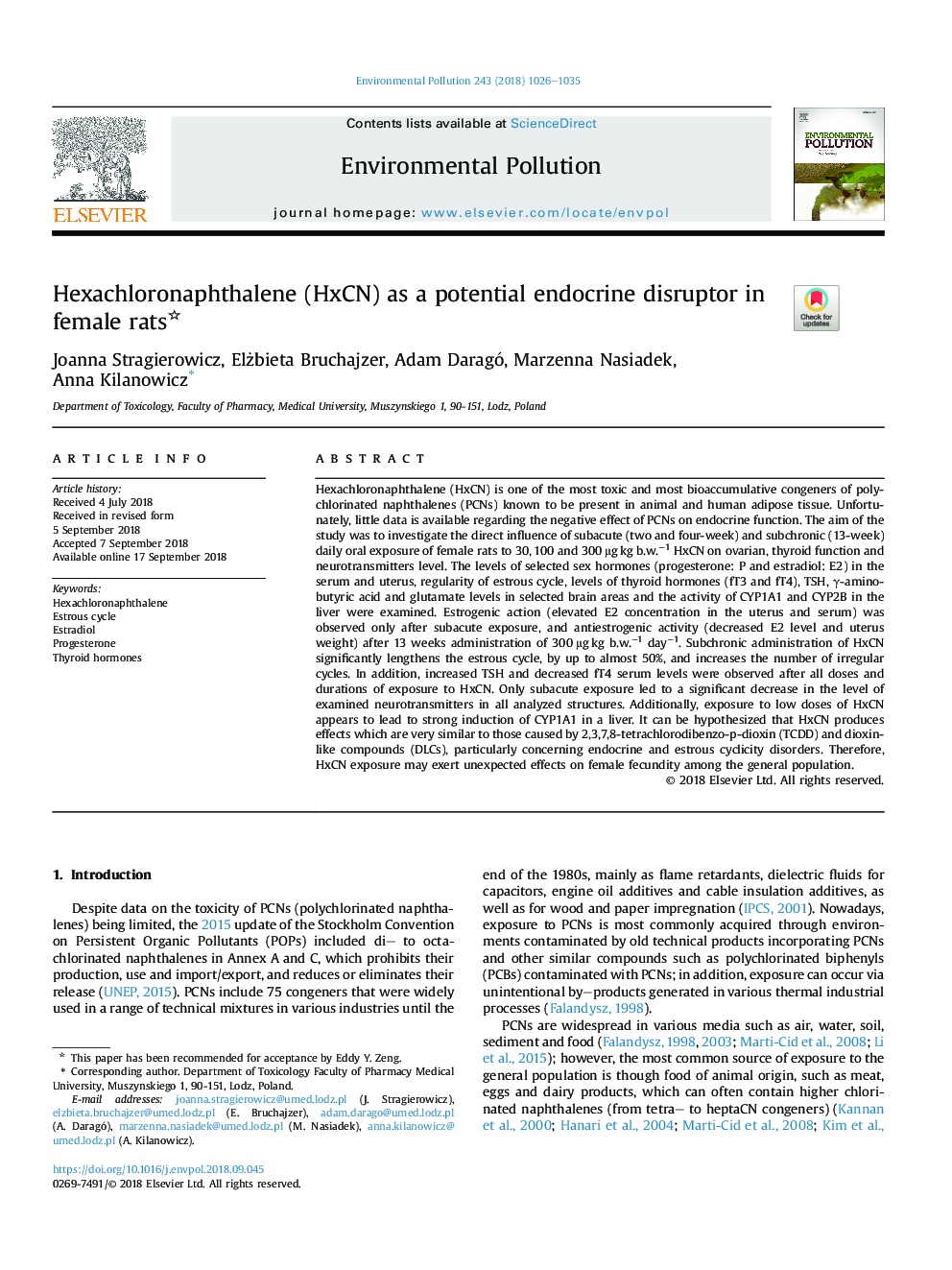 Hexachloronaphthalene (HxCN) as a potential endocrine disruptor in female rats