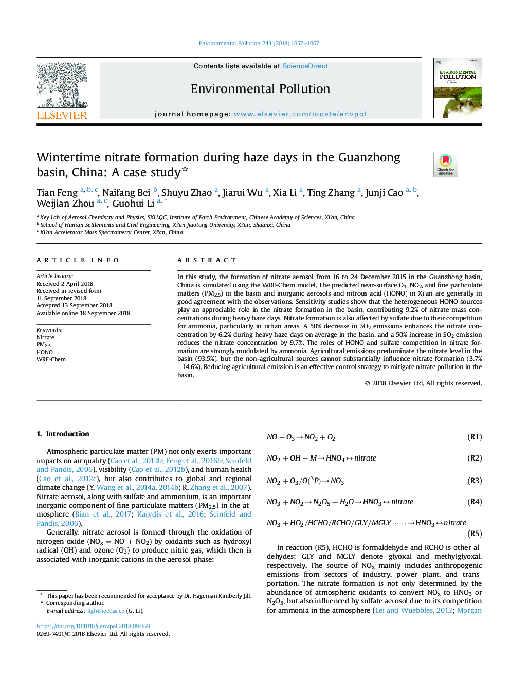 Wintertime nitrate formation during haze days in the Guanzhong basin, China: A case study