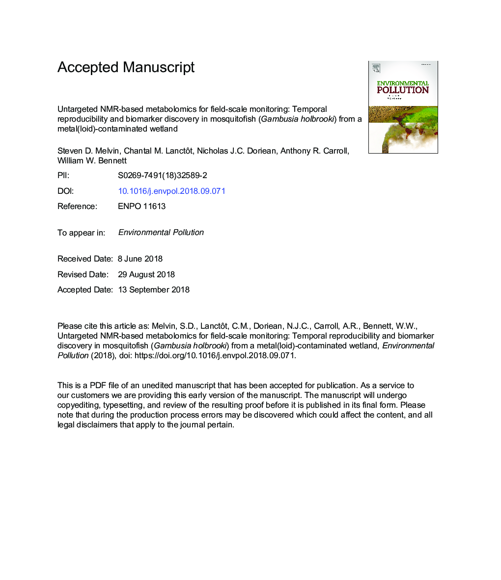 Untargeted NMR-based metabolomics for field-scale monitoring: Temporal reproducibility and biomarker discovery in mosquitofish (Gambusia holbrooki) from a metal(loid)-contaminated wetland