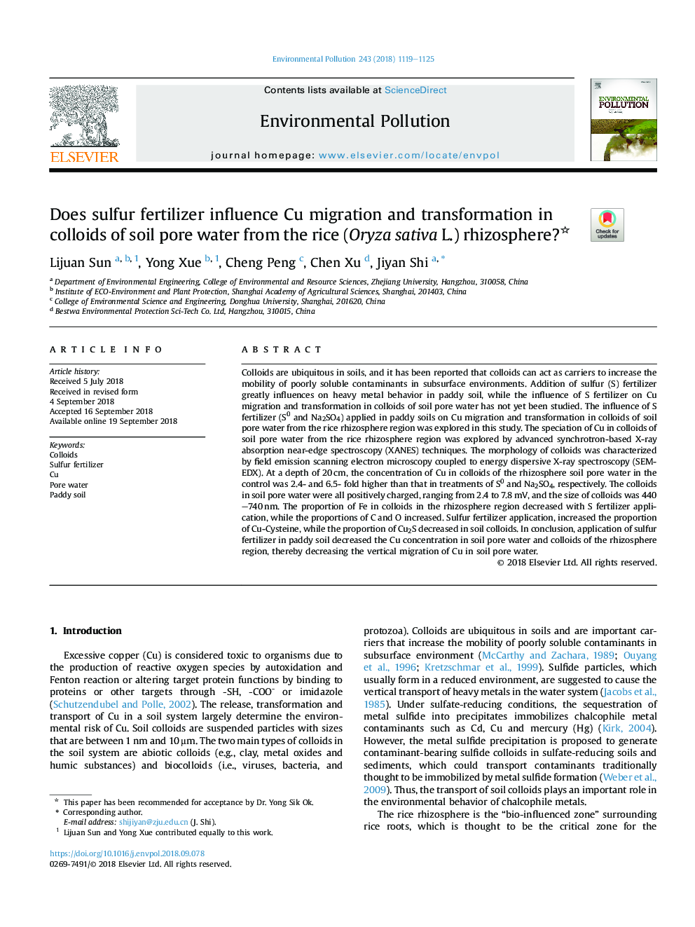 Does sulfur fertilizer influence Cu migration and transformation in colloids of soil pore water from the rice (Oryza sativa L.) rhizosphere?