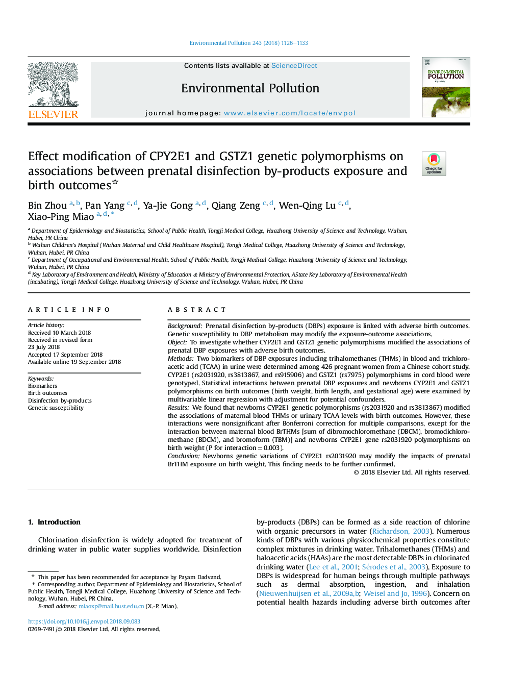 Effect modification of CPY2E1 and GSTZ1 genetic polymorphisms on associations between prenatal disinfection by-products exposure and birth outcomes