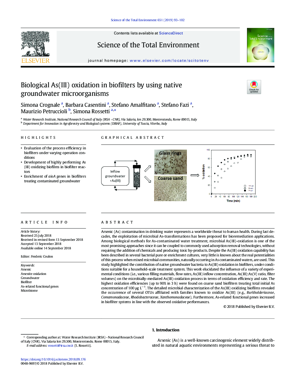 Biological As(III) oxidation in biofilters by using native groundwater microorganisms