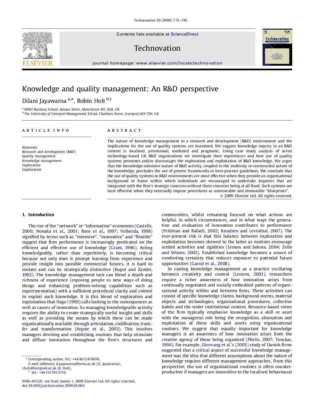 Knowledge and quality management: An R&D perspective