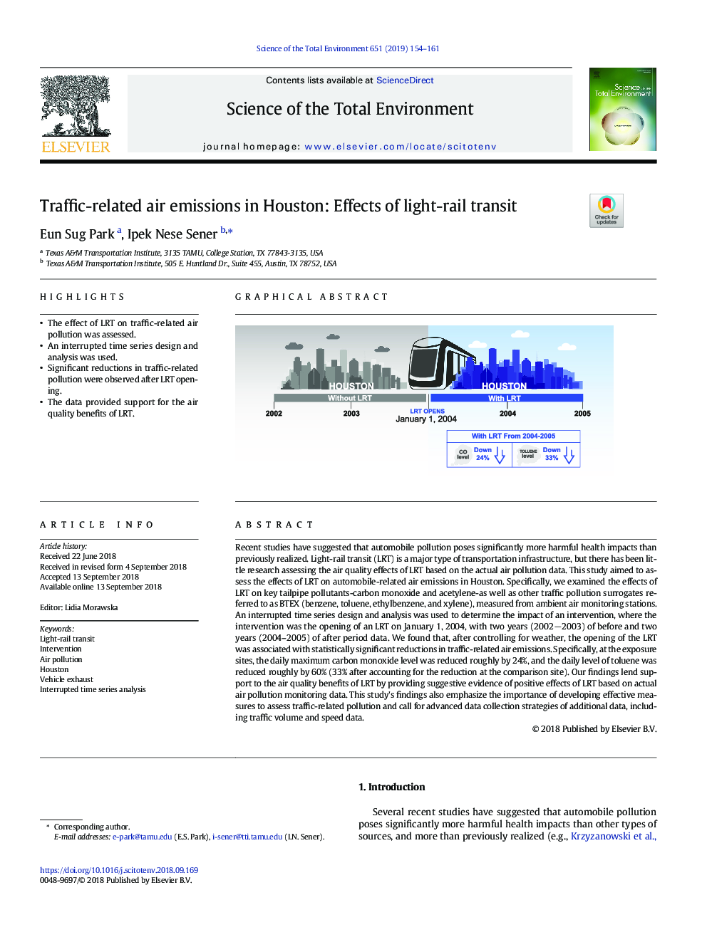 Traffic-related air emissions in Houston: Effects of light-rail transit