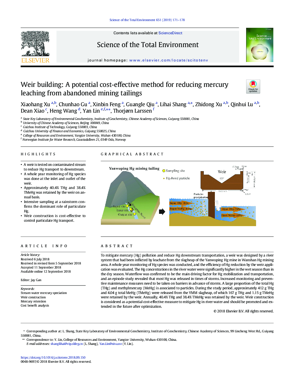 Weir building: A potential cost-effective method for reducing mercury leaching from abandoned mining tailings