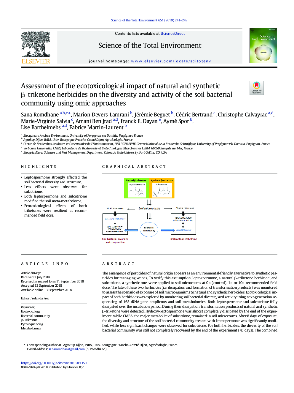 Assessment of the ecotoxicological impact of natural and synthetic Î²-triketone herbicides on the diversity and activity of the soil bacterial community using omic approaches