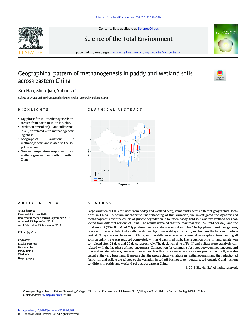 Geographical pattern of methanogenesis in paddy and wetland soils across eastern China