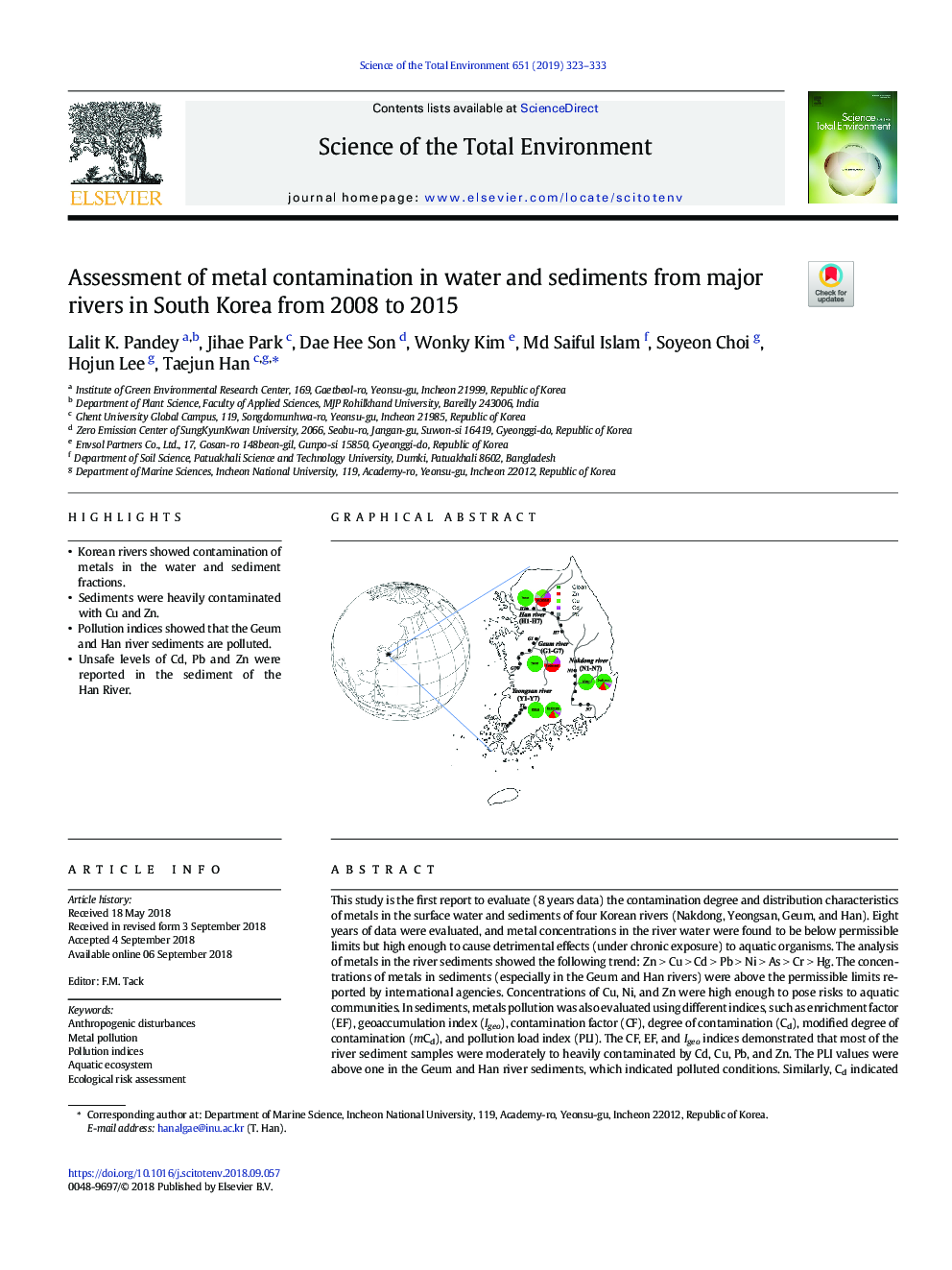 Assessment of metal contamination in water and sediments from major rivers in South Korea from 2008 to 2015