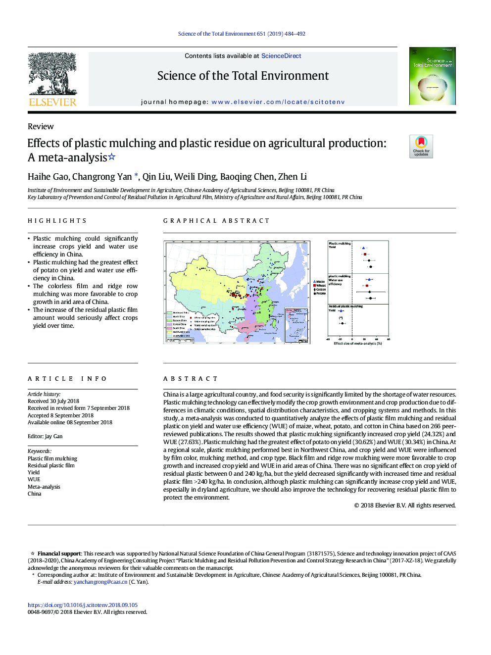 Effects of plastic mulching and plastic residue on agricultural production: A meta-analysis