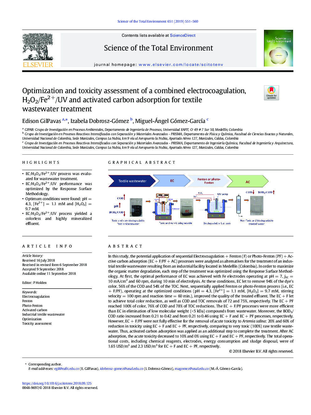 Optimization and toxicity assessment of a combined electrocoagulation, H2O2/Fe2+/UV and activated carbon adsorption for textile wastewater treatment