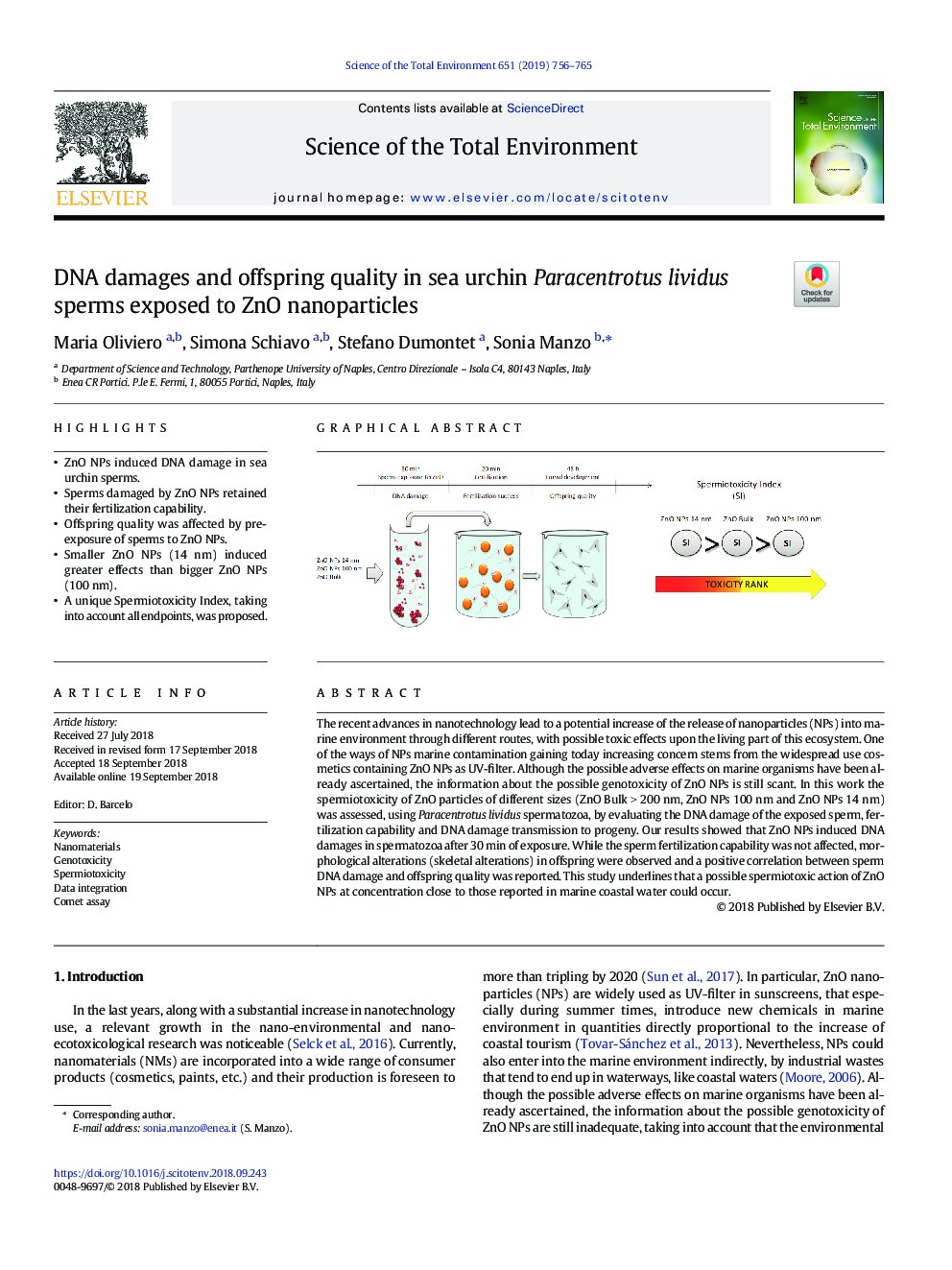 DNA damages and offspring quality in sea urchin Paracentrotus lividus sperms exposed to ZnO nanoparticles