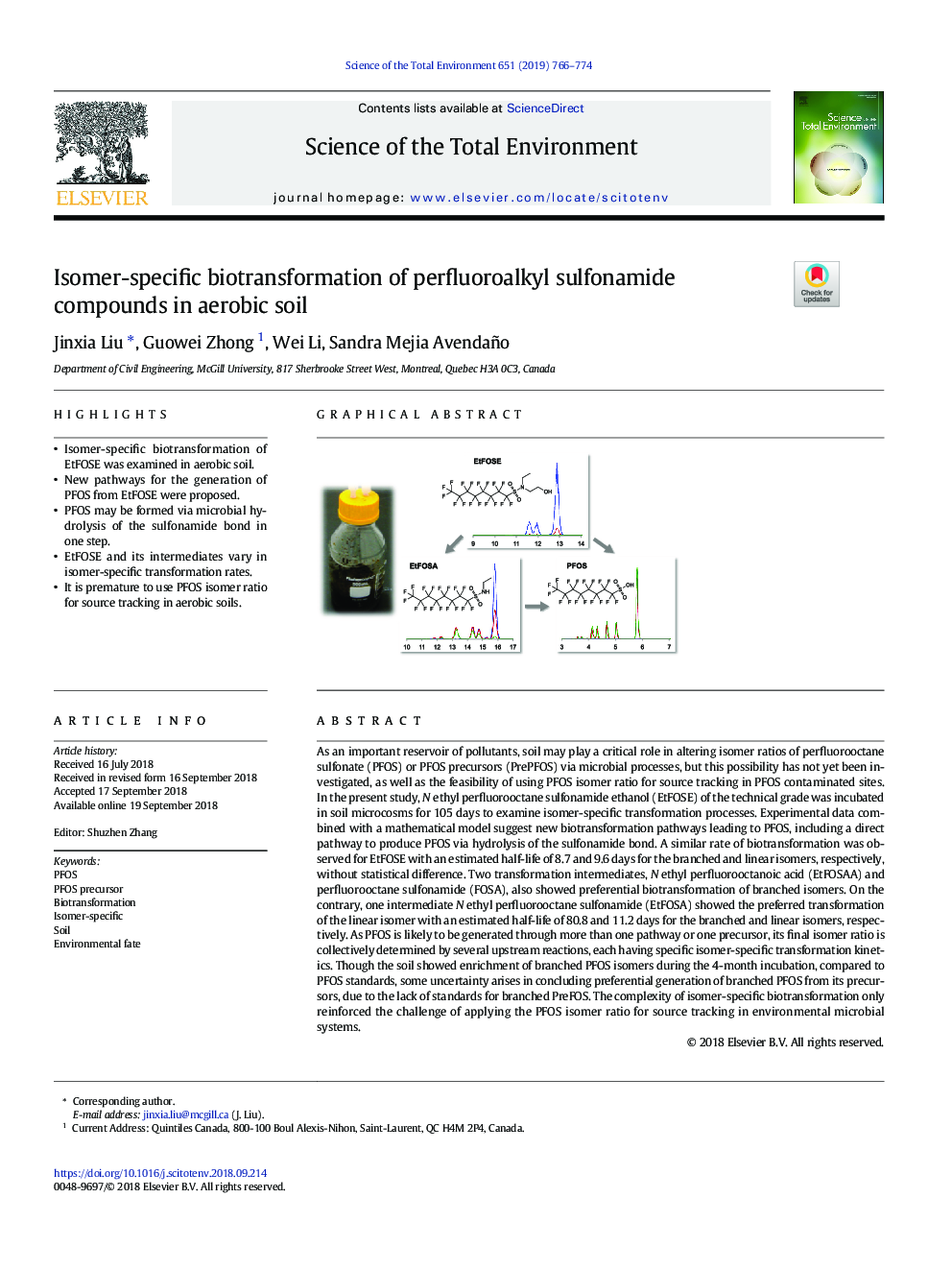 Isomer-specific biotransformation of perfluoroalkyl sulfonamide compounds in aerobic soil