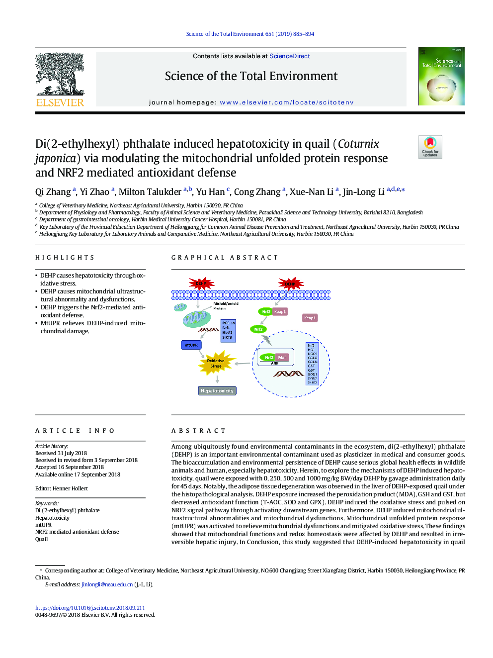 Di(2-ethylhexyl) phthalate induced hepatotoxicity in quail (Coturnix japonica) via modulating the mitochondrial unfolded protein response and NRF2 mediated antioxidant defense