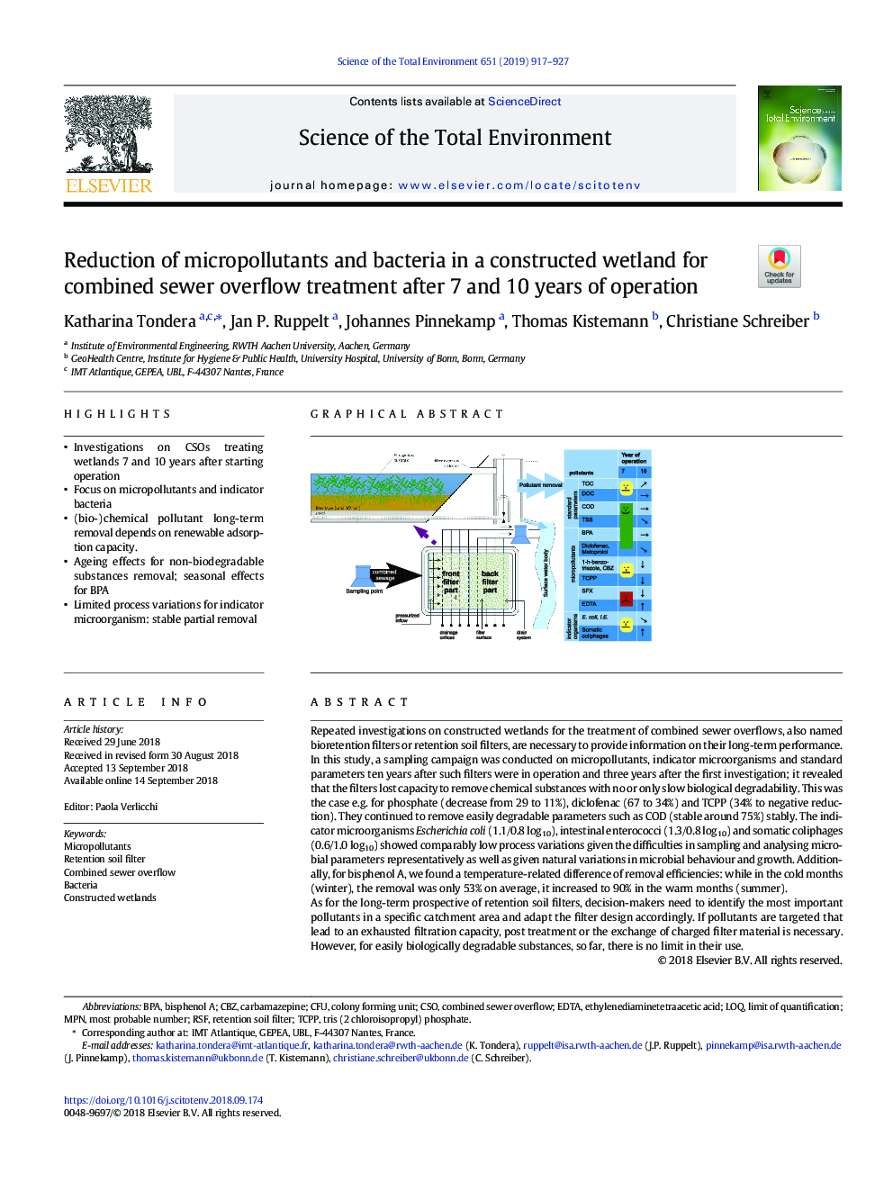 Reduction of micropollutants and bacteria in a constructed wetland for combined sewer overflow treatment after 7 and 10â¯years of operation