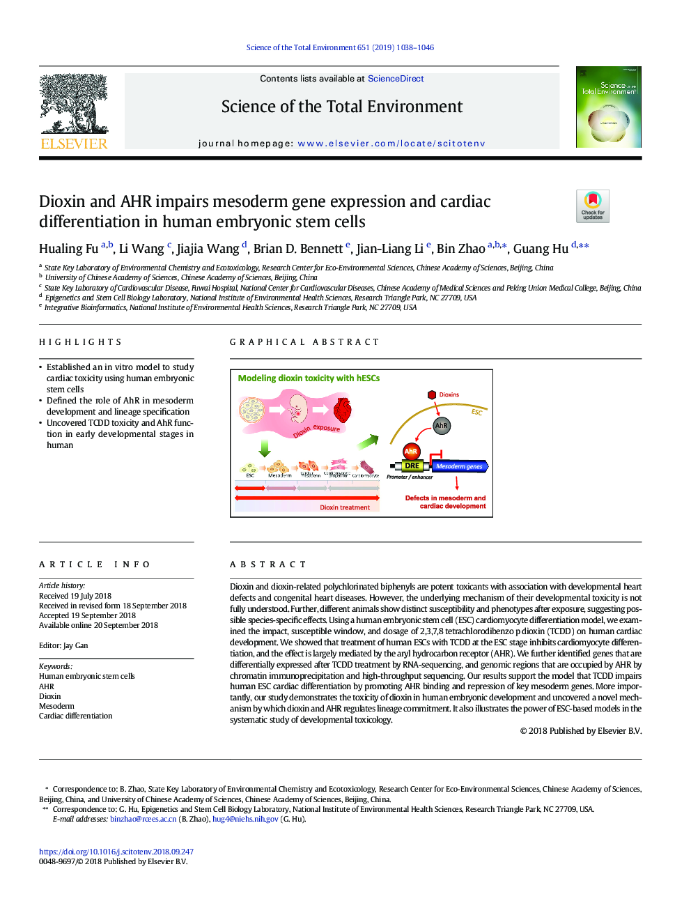 Dioxin and AHR impairs mesoderm gene expression and cardiac differentiation in human embryonic stem cells