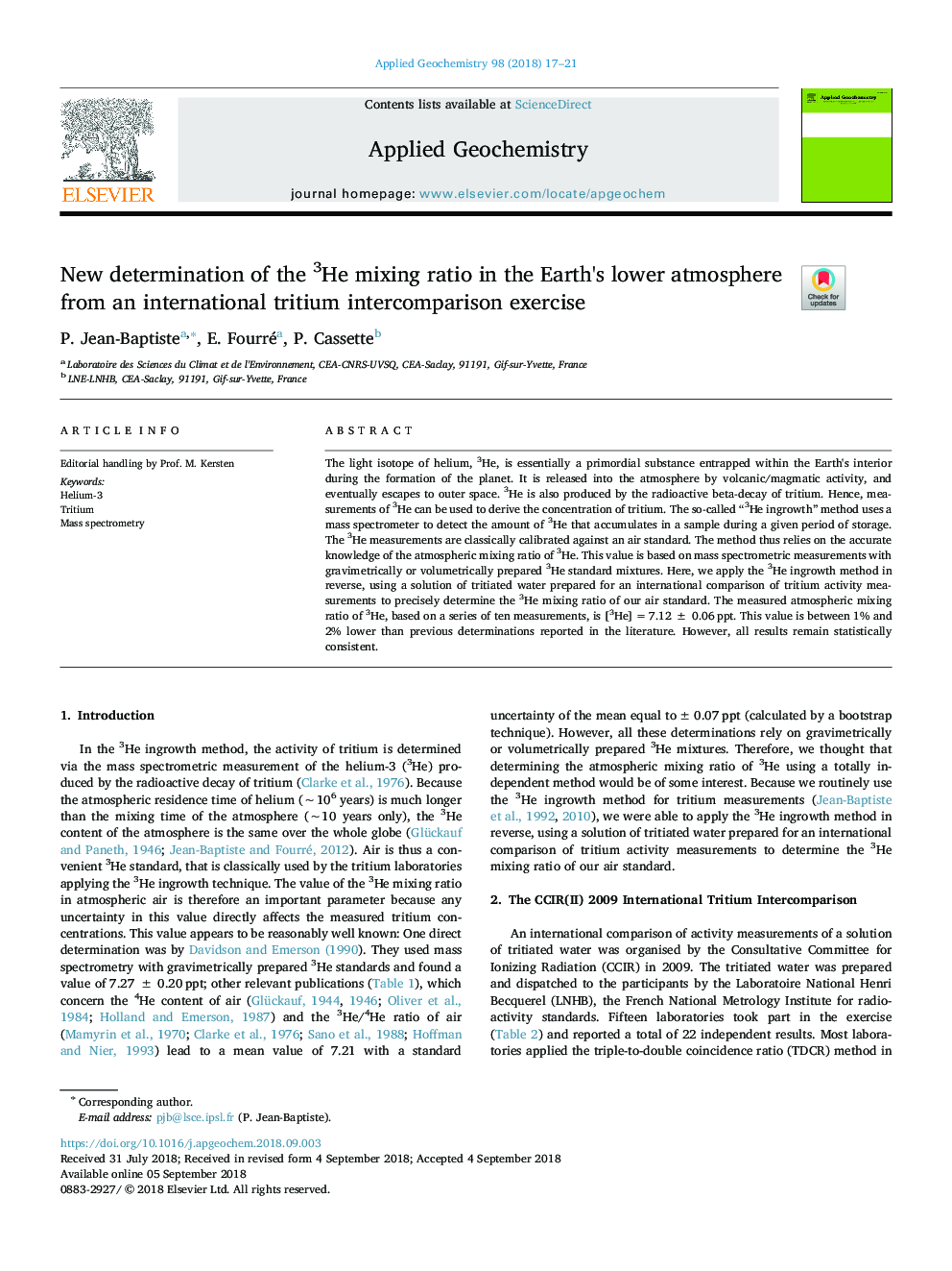 New determination of the 3He mixing ratio in the Earth's lower atmosphere from an international tritium intercomparison exercise
