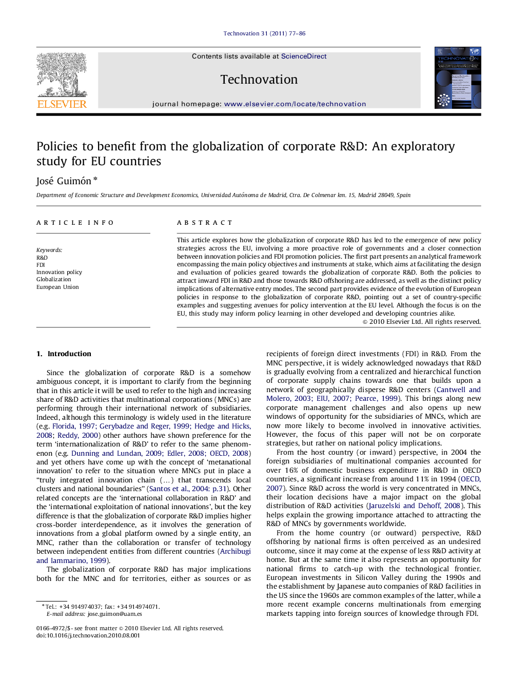 Policies to benefit from the globalization of corporate R&D: An exploratory study for EU countries