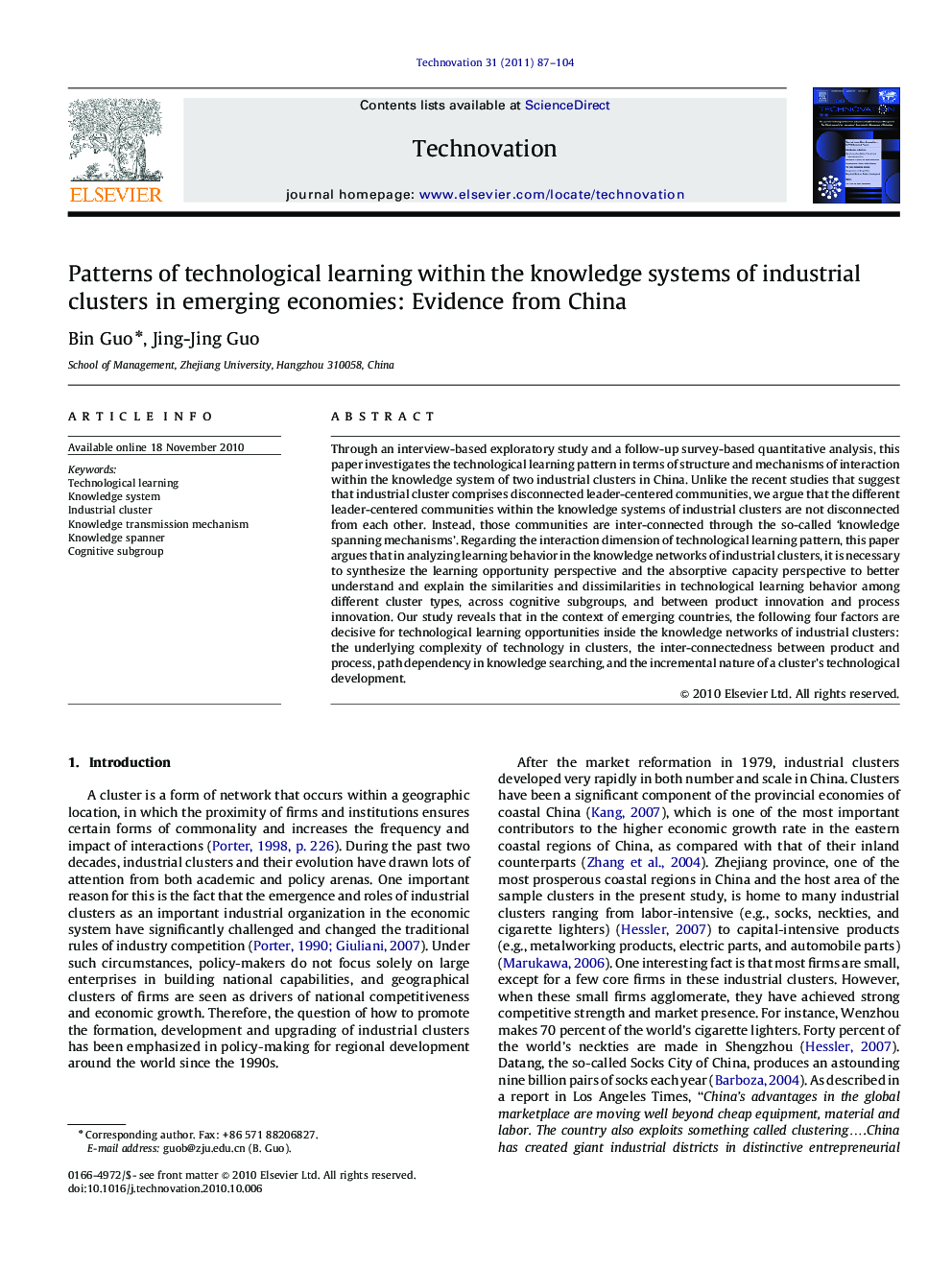 Patterns of technological learning within the knowledge systems of industrial clusters in emerging economies: Evidence from China