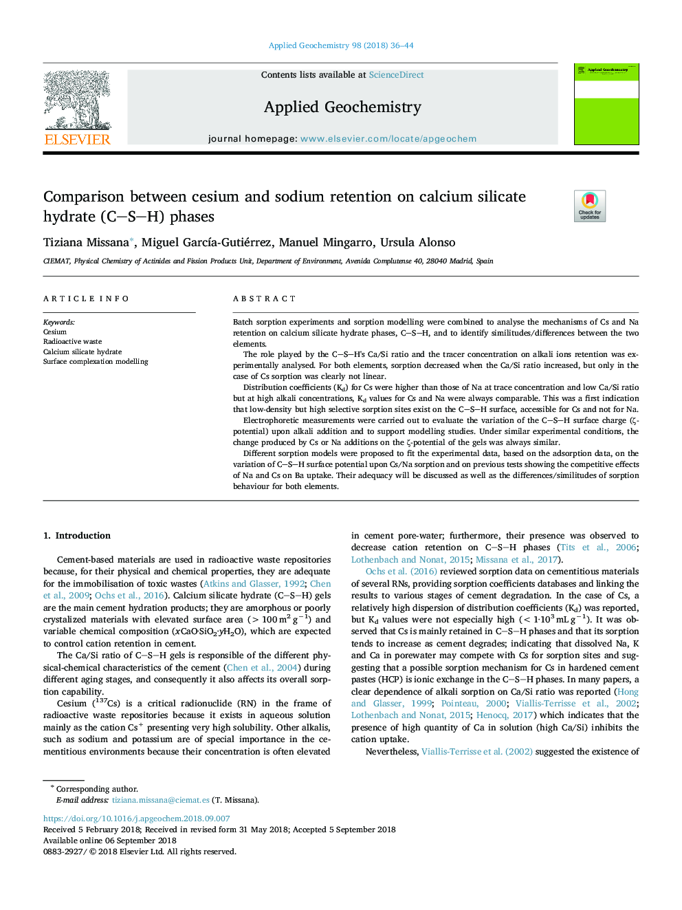 Comparison between cesium and sodium retention on calcium silicate hydrate (CSH) phases