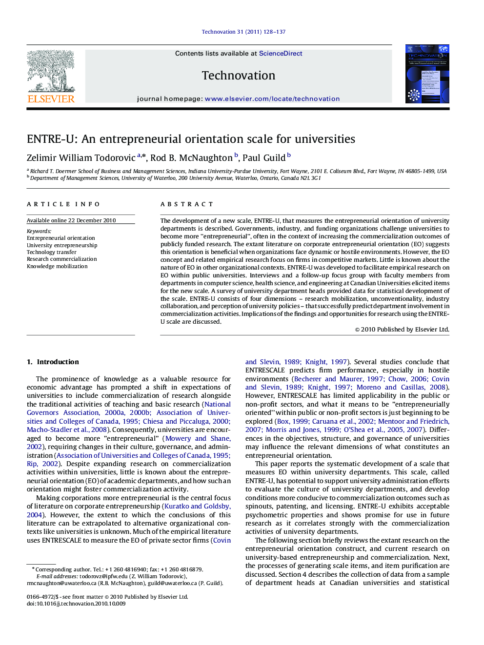 ENTRE-U: An entrepreneurial orientation scale for universities