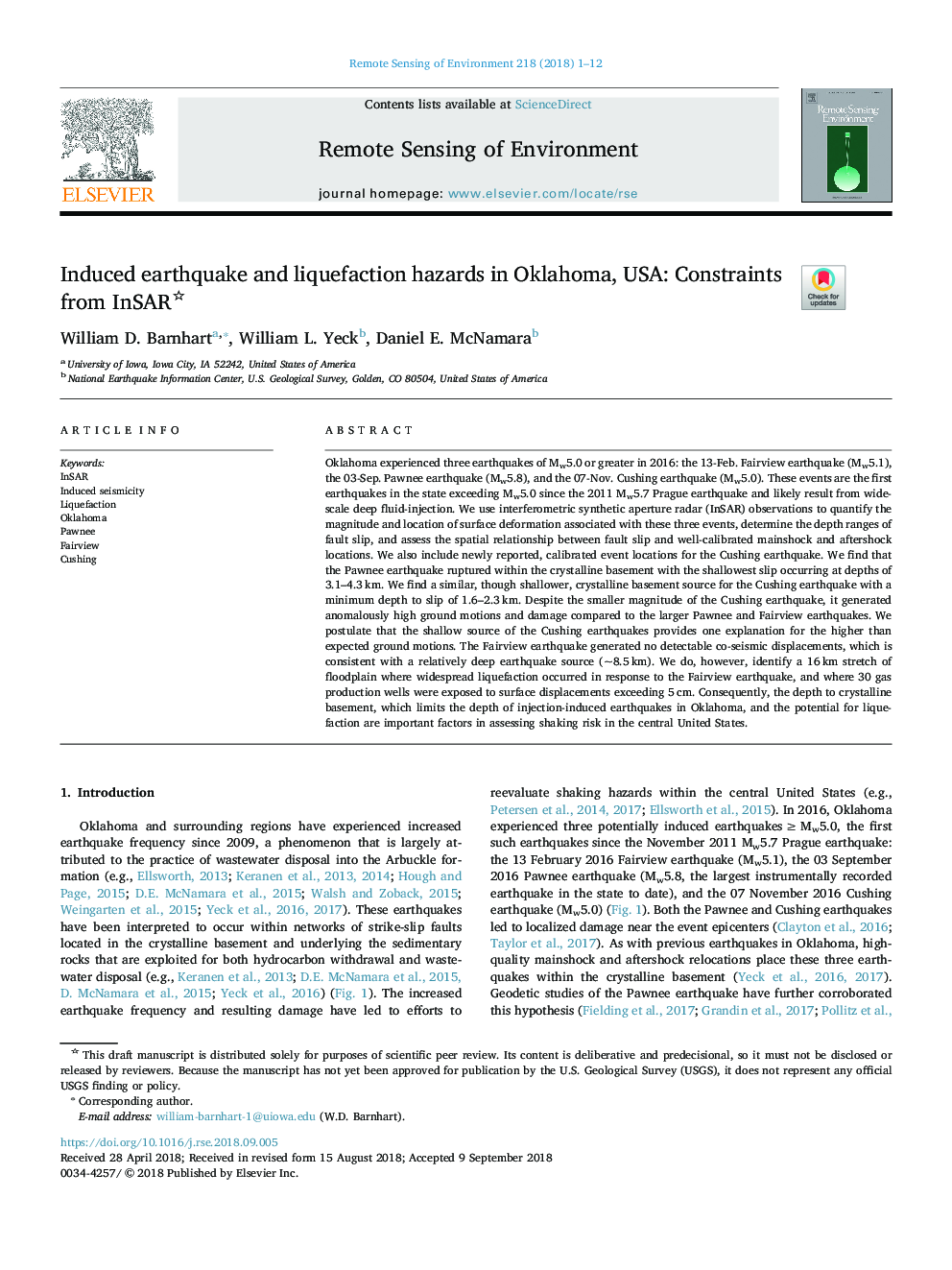 Induced earthquake and liquefaction hazards in Oklahoma, USA: Constraints from InSAR