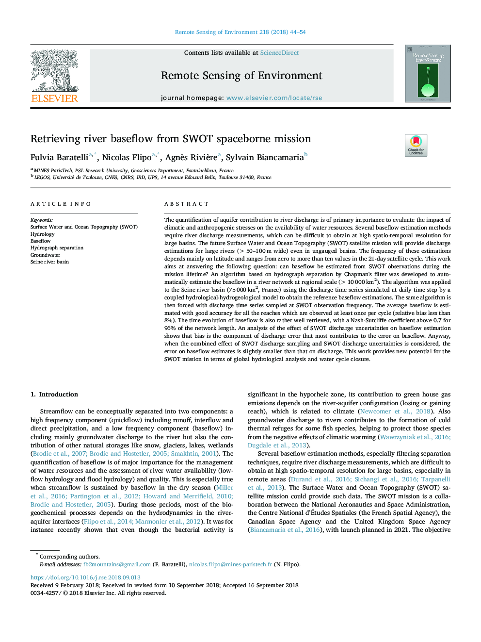 Retrieving river baseflow from SWOT spaceborne mission