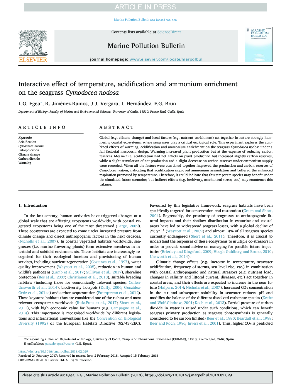 Interactive effect of temperature, acidification and ammonium enrichment on the seagrass Cymodocea nodosa