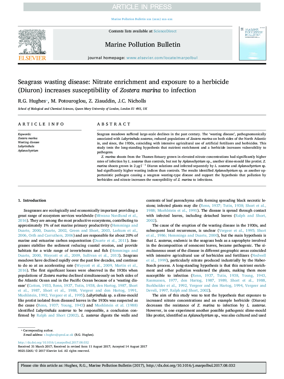 Seagrass wasting disease: Nitrate enrichment and exposure to a herbicide (Diuron) increases susceptibility of Zostera marina to infection