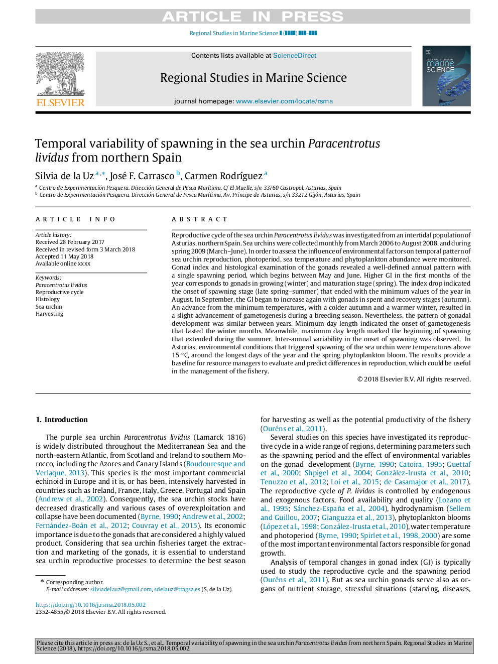 Temporal variability of spawning in the sea urchin Paracentrotus lividus from northern Spain