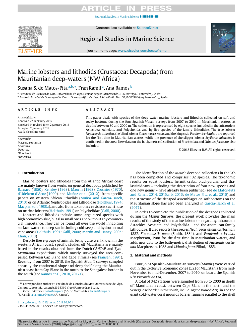 Marine lobsters and lithodids (Crustacea: Decapoda) from Mauritanian deep-waters (NW Africa)