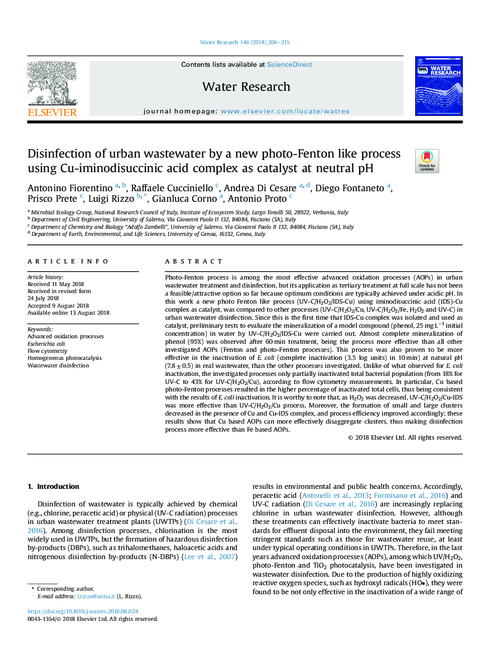 Disinfection of urban wastewater by a new photo-Fenton like process using Cu-iminodisuccinic acid complex as catalyst at neutral pH